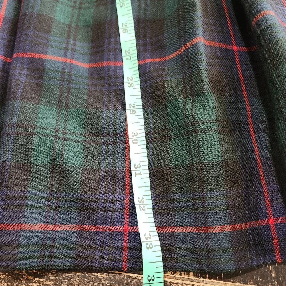 Vintage Wool Green Blue Tartan Plaid Pleated Midi Skirt Waist 25